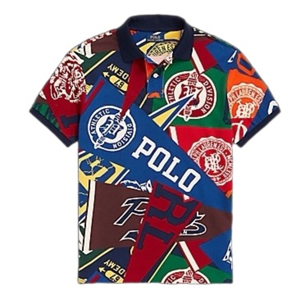 POLO RALPH LAUREN Collegiate Pennant Flag Polo Shirt Medium M Rare Patchwork